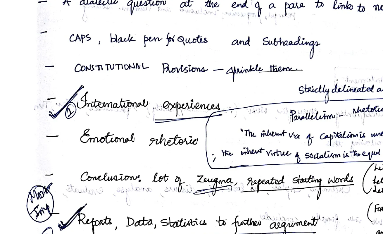 Essay structure diagram: Incidents → Constitutionalism → Lot of Examples → Conclusions; and separate conclusion techniques