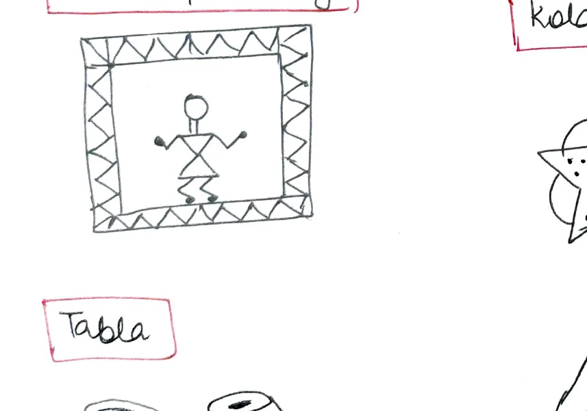 Warli painting — tribal figure in rectangular frame