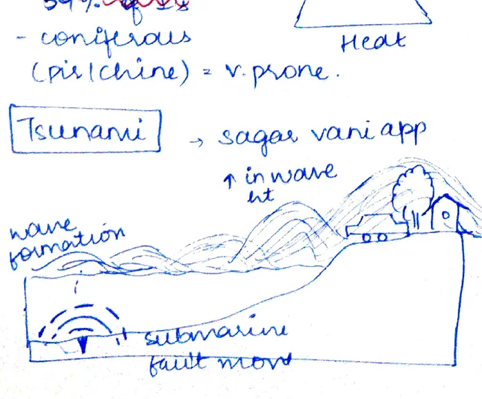 Tsunami diagram — submarine fault movement at sea floor; waves form and increase in height towards shore; wave formation and submarine fault movement labeled; "sagar vani app" and "in wave ht" labeled