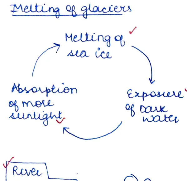 Melting of Glaciers — positive feedback cycle: Melting of sea ice → Exposure of dark water → Absorption of more sunlight → [back to melting]