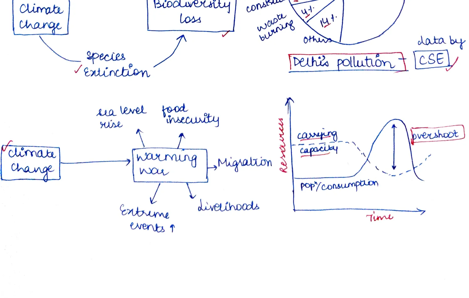 Bottom half of p8: Desertification flowchart (carbon sequester↓ / climate change → biodiversity loss / species extinction; soil conserv); Delhi pollution pie chart (54% vehicles; 9% industry; 6% crop burning; 8% bio; 1% other); Population overshoot graph (carrying capacity vs pop/consumption over time)