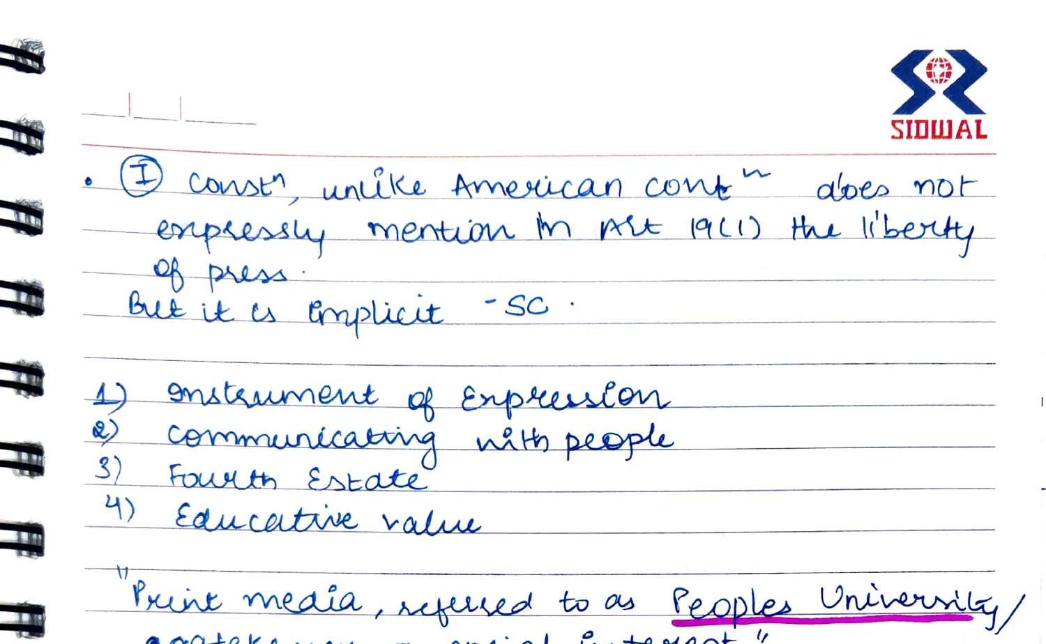 Constitutional position of press + numbered functions 1-4 + Peoples University quote (p.15)