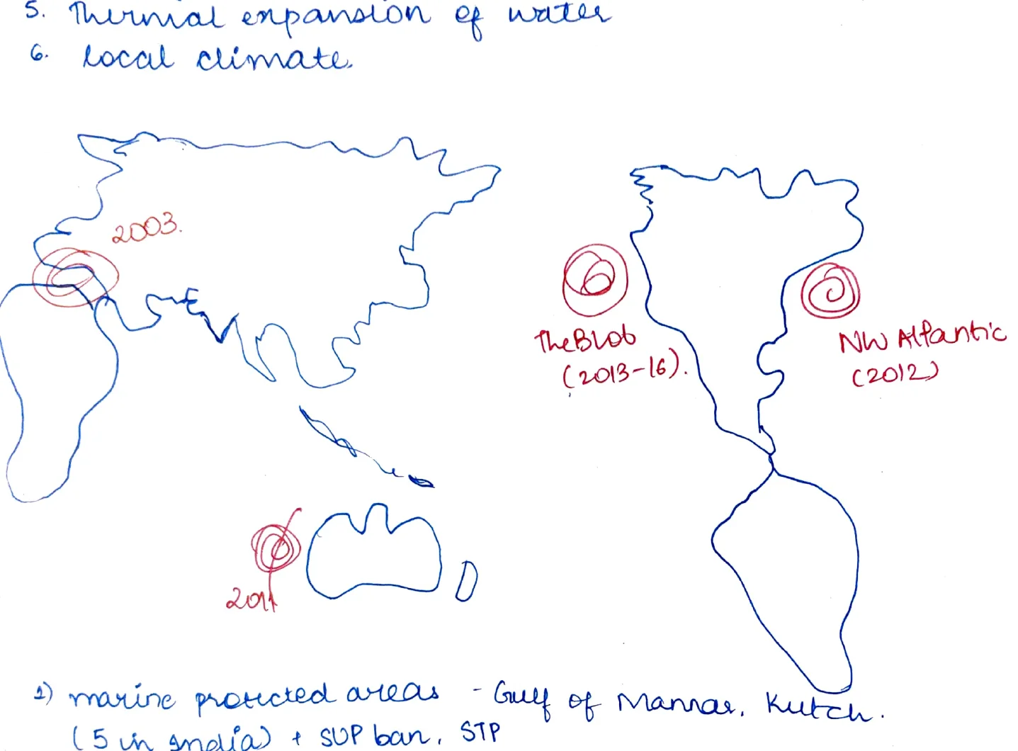 World map – Marine heatwave events marked: 2003 (Indian Ocean), 2011 (W Australia), "The Blob" 2013-16 (NE Pacific), "New Atlantic" 2012 (NW Atlantic)