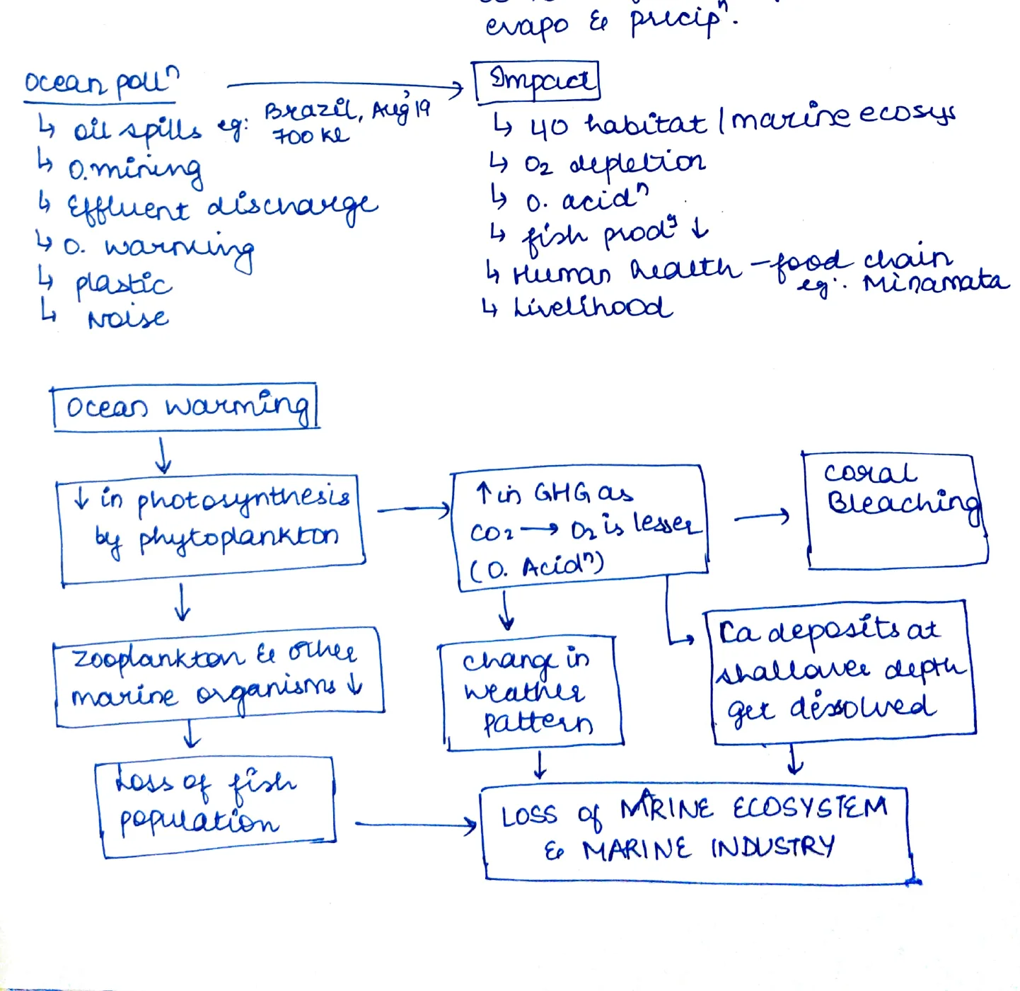 Ocean warming cascade flowchart – shows chain: Ocean Warming → (1) ↓ photosynthesis by phytoplankton → zooplankton & other marine organisms ↓ → loss of fish population AND (2) ↑ GHGs as CO₂ → O₂ is less (Ocean Acid↑) → change in weather pattern → coral bleaching + Ca deposits at shallower depths dissolve → Loss of Marine Ecosystem & Marine Industry
