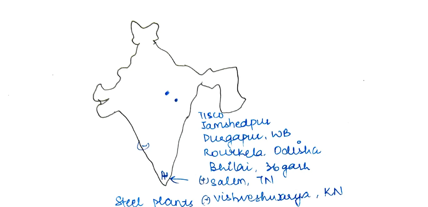 India map – Integrated Steel Plants (TISCO/Jamshedpur, Durgapur/WB, Rourkela/Odisha, Bhilai/Segauli, Salem/TN, Steel plants @ Vishweshwaraya/KN)