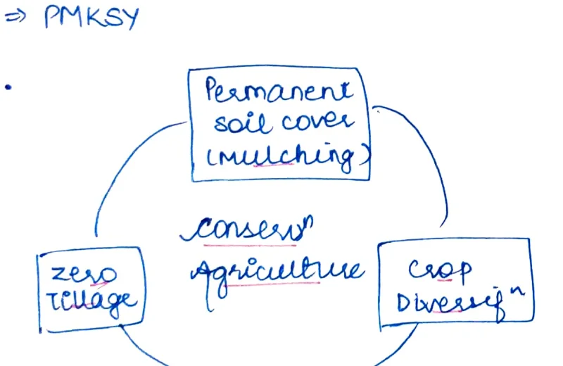 Conservation Agriculture circular diagram: three interconnected boxes — Permanent Soil Cover (Mulching), Zero Tillage, Crop Diversity — with cyclic arrows