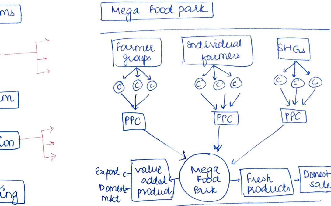 Mega Food Park flowchart: Farmer Groups/Individual Farmers/SHGs → (collection centres C) → PPCs → Mega Food Park → Value Added Products + Fresh Products → Export/Domestic Market/Domestic Sale