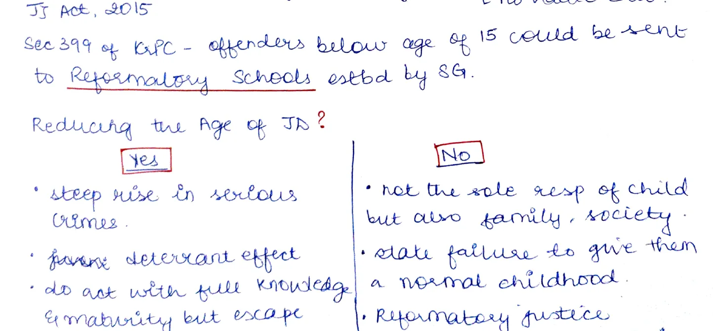 Yes/No comparison table on reducing age of Juvenile Delinquents