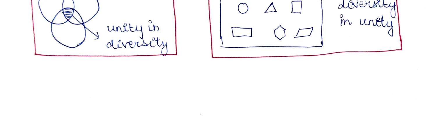 Two diagrams side by side: Left — Venn diagram (overlapping circles) labelled 'unity in diversity'; Right — box containing different shapes (circle, triangle, square, rectangle, hexagon, parallelogram) labelled 'diversity in unity'