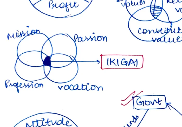 IKIGAI: Four overlapping circles — Mission, Passion, Profession, Vocation; centre = IKIGAI