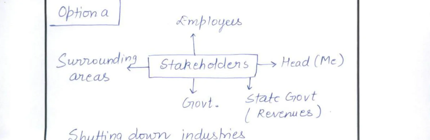 Stakeholder diagram for Option a: Stakeholders box with arrows to/from Employees (top), Head/Me (right), State Govt/Revenues (bottom-right), Govt. (bottom), Surrounding areas (left)