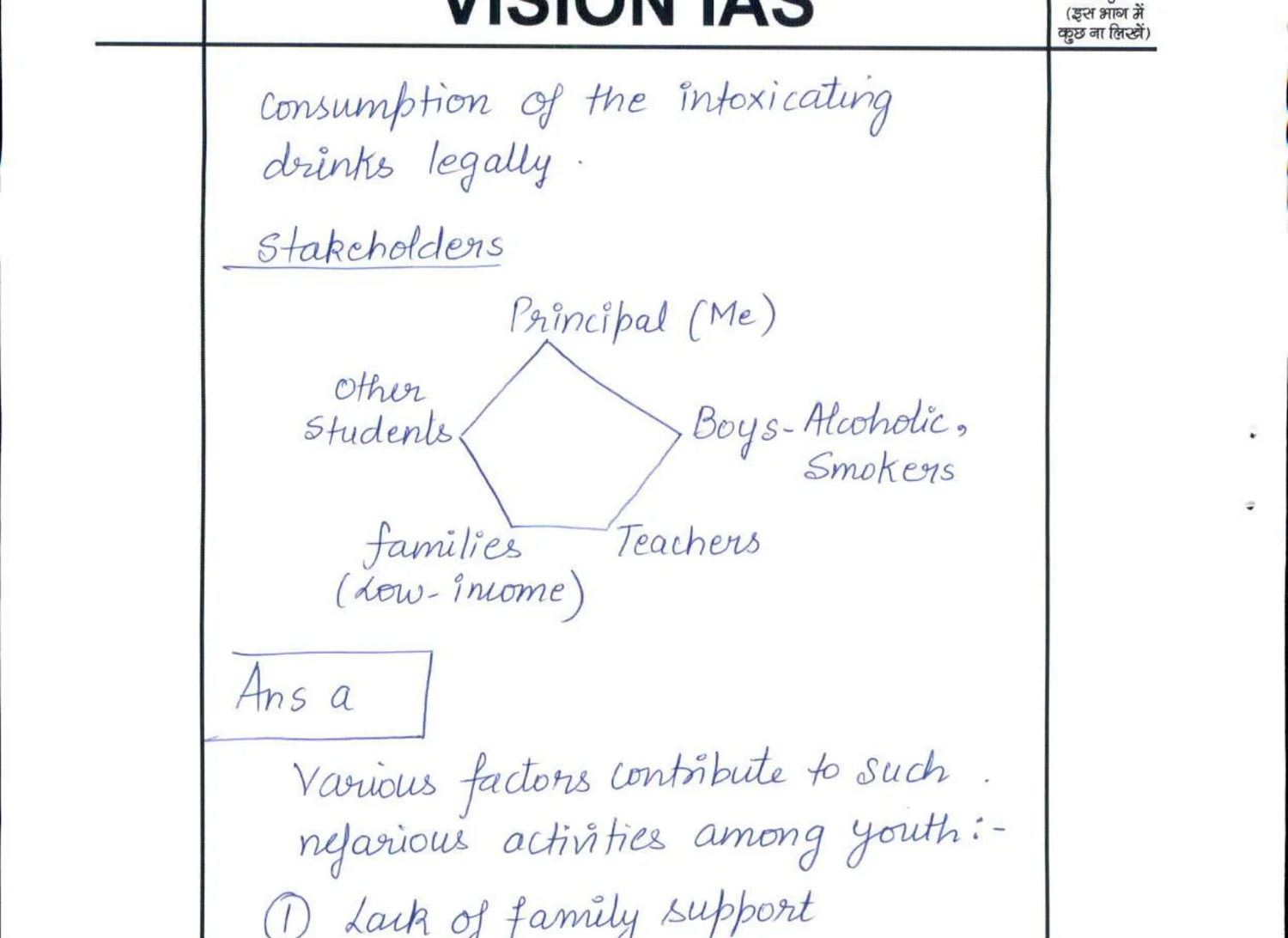 Stakeholders diamond diagram: Principal (Me) at top; Other Students (left); Boys — Alcoholic, Smokers (right); Families (low-income) (bottom left); Teachers (bottom right)